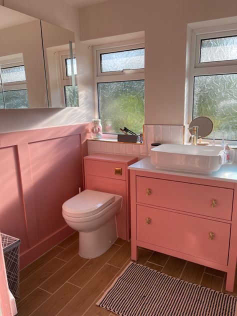 Lick pink01 and lick pink09 used on the panelling of this bathroom, combined with a combination of brass and black metal fixtures. One of the first fully finished rooms, and my favourite. Definite barbiecore vibes going on in here Creaky Floors, Hanging Plant Holder, Pink Bathroom, Hanging Plant, Toilet Roll Holder, Roll Holder, Toilet Roll, Be Happier, Exposed Brick