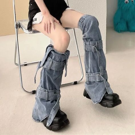 Gentiana - Denim Leg Warmers Puffer Leg Warmers, Denim Leg Warmers Outfit, Denim Leg Warmers, Leg Warmers Outfit, Blue Tights, Street Girl, Leg Warmer, Colored Denim, Korean Beauty