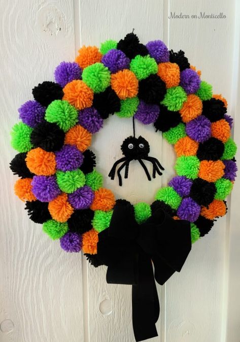 Dollar Tree Fall Pom Pom Wreath - Modern on Monticello Whimsical Fall, Pom Wreath, Easy Fall Wreaths, Pom Pom Decorations, Diy Pom Poms, Halloween Craft Projects, Dollar Tree Halloween, Fun Fall Crafts, Fall Arts And Crafts