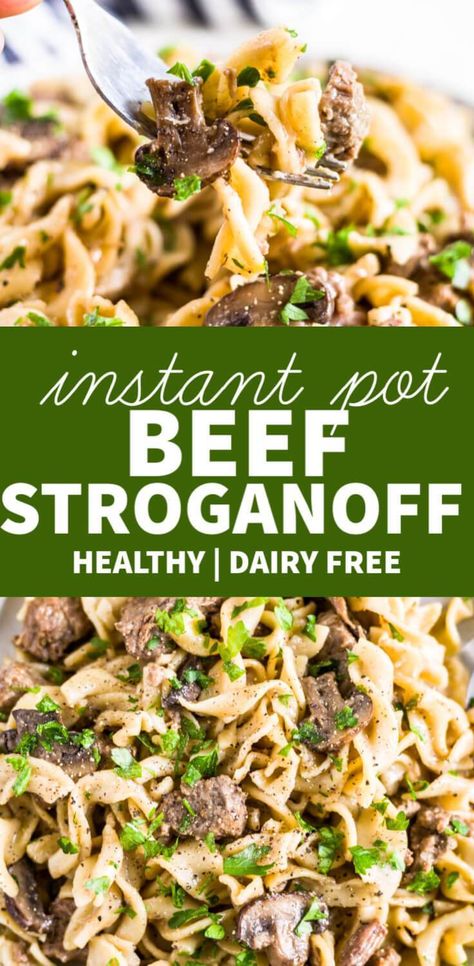 Healthy instant pot beef stroganoff is a lighter version of a classic and it's made quickly in the pressure cooker.  This easy dinner recipe is a creamy (and dairy free!), filled with protein from the stew meat and can even be made gluten free with noodles. Instant Pot Beef Stroganoff, Healthy Instant Pot, The Stew, Dairy Free Recipes Dinner, Dairy Free Dinner, Pot Recipes Easy, Potted Beef, Diner Recept, Crockpot Recipes Beef