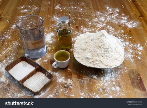 ingredients for making Italian pizza dough at home. flour, salt, sugar, yeast, olive oil and water #Ad , #Aff, #pizza#dough#home#ingredients Oil And Water, Italian Pizza, Pizza Dough, Yeast, Art Sketches, Olive Oil, Flour, Dough, Condiments