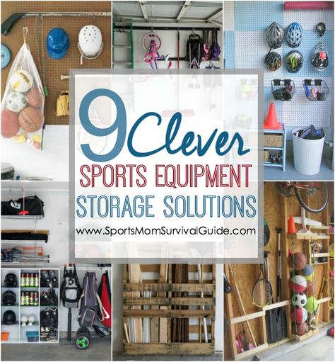 Do you have sports equipment all over your house and car?  Find 9 clever sports equipment storage solutions to save space and store all those needed, but bulky, items. Sports Gear Organization, Workout Equipment Storage, Sports Gear Storage, Sports Equipment Organization, Sports Equipment Storage, Dollar Diy, Sports Storage, Basketball Tricks, Stair Climber