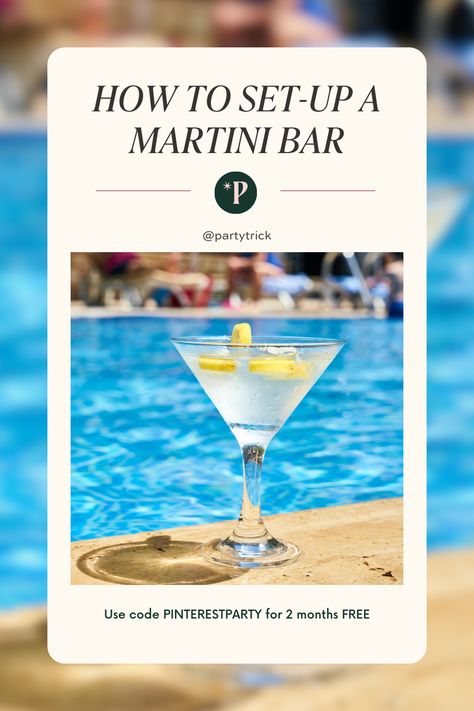 Host the Ultimate Cocktail Party with Our Expert Tips for Setting Up a Martini Bar! Learn how to create a chic and functional martini bar that will wow your guests and make your event unforgettable.  #PartyTrick #MartiniNight #PartyInspiration #PartyPlanning #MartiniBar #PartyTrick #Cocktail #Summer #Blog #Howto Martini Tasting Party Ideas, Martini Bar Set Up, Diy Martini Bar, Bar Setup For Party, Martini Bar Party Ideas, Martini Bar Party, Diy Bars, Friendsgiving Ideas, Martini Party