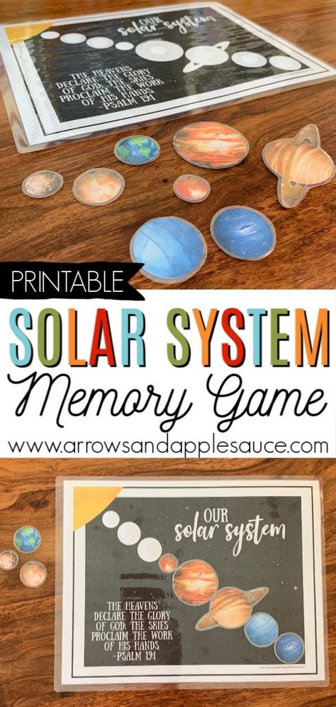 Learning about our amazing solar system is fun and easy with this printable memory game. Perfect for your homeschool science curriculum and a great addition to your busy binder. #homeschoolprintable #homeschoolscience #solarsystemactivity #kidsscienceactivity #learningaboutplanets #preschoolcurriculm #kindergarten#printablecurriculum #theheavensdeclarehisglory Solar System Curriculum, Homeschool Planets Solar System, Solar System Montessori Activities, Solar System Kindergarten Activities, Homeschool Binder System, Solar System Kindergarten, Montessori Solar System, Kindergarten Homeschool Activities, Homeschool Kindergarten Activities