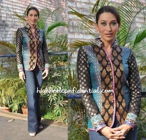 karishma-kapoor Saree Jacket Designs, Indian Jackets, Karishma Kapoor, Brocade Jacket, Beautiful Casual Dresses, Quilted Clothes, Ethnic Outfits, Fancy Blouses, Dress Indian Style