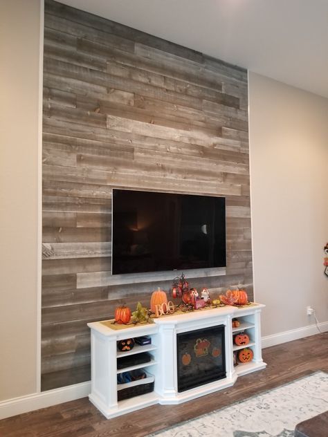 Barn Wood Wall Living Room, Tv Alcove, Living Room Fire Place, House Ideas 2023, Rustic Powder Room, Wood Walls Living Room, Reclaimed Wood Accent Wall, Wood Feature Wall, Barn Wood Wall