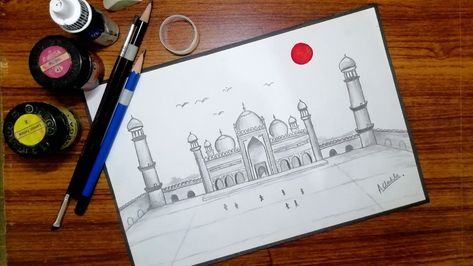 Badshahi Mosque is a famous place in the world, located in Lahore,Pakistan. #pencilsketch #heritage #lahore #badshahimosque #sunset #pakistan #famousbuildings Badshahi Mosque Sketch, Badshahi Mosque Drawing, Mosque Drawing, Badshahi Mosque, Mosque Art, Famous Buildings, Lahore Pakistan, Cool Sketches, Famous Places