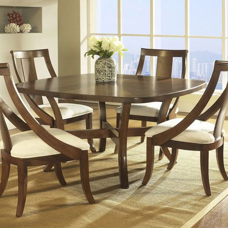 Showcasing a crossed stretcher base and cinched legs, this medium brown-finished table adds a classic touch to your dining room.   ... Square Dining Room, Square Dining Room Table, Pedestal Dining Room Table, Large Round Dining Table, Contemporary Dining Sets, Round Pedestal Dining, Round Pedestal Dining Table, Dining Room Table Set, Square Dining Tables