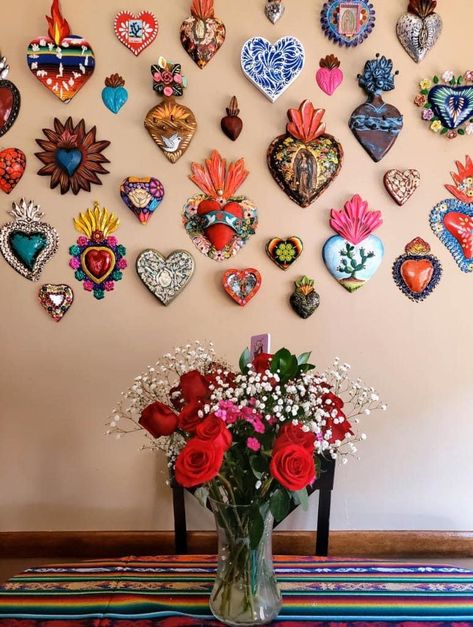 Sacred Heart Wall Decor, Mexican Folk Art Decor Diy, Mexican Folk Art Decor, Modern Mexican Home, Sacred Heart Art, Mexican Wall Art, Mexican Culture Art, Mexican Home Decor, Mexican Crafts