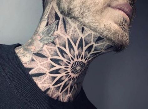 Neck Pattern Tattoo Men, Men’s Geometric Neck Tattoo, Geometric Neck Tattoo Design, Men Throat Tattoo, Neck Tattoo Geometric, Mens Throat Tattoo, Mandala Neck Tattoo Men, Mandala Throat Tattoo, Neck Mandala Tattoo