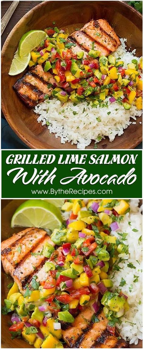 Grilled Lime Salmon with Avocado-Mango Salsa and Coconut Rice – By the Recipes Grilled Salmon With Mango Salsa And Coconut Rice, Good Food To Make, Cilantro Lime Salmon, Tuscan Salmon Recipe, Salmon With Mango, Mango Salsa Salmon, Fish Meals, Mango Avocado Salsa, Lime Salmon