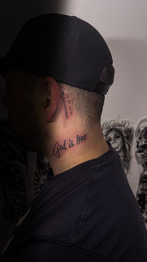 Back Of Neck Tattoo Men, Black Men Tattoos, Small Neck Tattoos, Side Neck Tattoo, Verse Tattoos, Phrase Tattoos, Back Of Neck Tattoo, Neck Tattoo For Guys, God Is Love