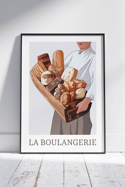 Bakery Print | Bakery Art | French Bakery | Cafe Poster | Cafe Kitchen Decor | Bakery Decor | Cafe Wall Decor. Need a vintage artistic addition to your kitchen, dining, or cafe? or a fun unique gift for a vintage art lover? This Bakery Art Print is exactly what you are looking for! This cozy poster is one of a four part a Bakery Poster series. This Bakery Poster will brighten up any room and add an artistic aesthetic to any space whether it be your kitchen, dining room, cafe or restaurant. Bakery Shop Illustration, Sandwich Drawing, Bakery Poster, Cafe Artwork, Cafe Kitchen Decor, Kitchen Wall Prints, Cafe Poster, Poster Cafe, Bakery Art