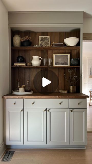 M A R L I E  D E S I G N  C O. on Instagram: "Would you believe we took stock cabinets from Lowes and turned them into this!?! We had a blank wall in our Kitchen that needed something. We always knew we wanted to add built ins. But @thelonegooseco gave me major #inspo recently when I saw her built ins. I knew something similar is just what this space needed. What do you think?   #diy #builtins #kitcheninspo #hutch #bar #coffeebar #builtinshelves #diyhomedecor #diyblogger #homeinspo #neutraldecor #homerenovation #lonnyliving #cljsquad #amazonhome #kismetcheckoutmyhouse #lightandbright #howwedwell #theeverygirlathome #thriftedhome #realhomesofinstagram #decoratingonabudget #homehacks #betterhomesandgardens #lowes #hobbylobby #etsy" Built In Kitchen Hutch, Hutch Bar, Built In Hutch, Above Kitchen Cabinets, Thrifted Home, Kitchen Hutch, Stock Cabinets, Built In Cabinet, Cabinet Makeover