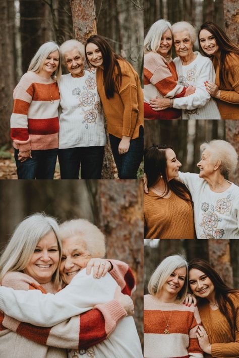 Grandma, mom and me. Daughter, mother, grandmother 3 generations family portraits photography poses Grandchildren Family Photo Ideas, Poses For Grandparents, Mom Daughter Grandma Photos, Family Of 6 Pictures Poses, Generations Photoshoot Ideas, Women Generation Photography, Grandma Daughter And Granddaughter Photos, Multi Generation Photo Shoot, Grandkids With Grandma Photos