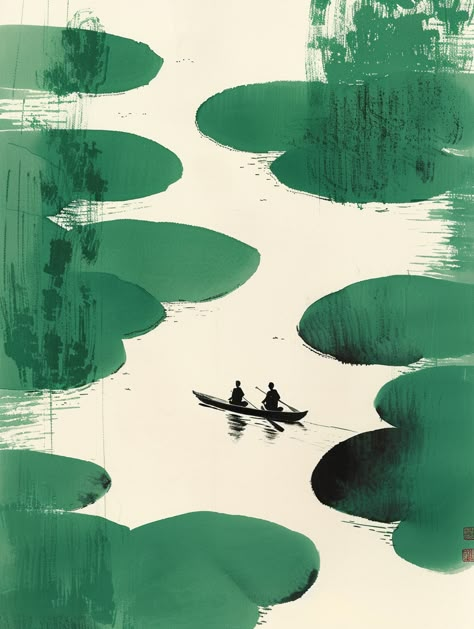 #Minimalist #Rowing #River #GreenLotusLeaves #SimpleStrokes #FlatColorBlocks #ChevalBlanc #SixSenses #Como #Aman #Chanel #JamesTurrell #3:4AspectRatio #TheCandie Inspirational Digital Art, Six Senses, James Turrell, Book Cover Illustration, Cover Illustration, Lotus Leaves, Minimalist Artwork, Inspiring Things, Art Traditional