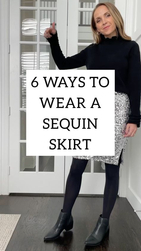 How to wear skinny jeans without feeling outdated (PART 1)…CAN WE DO IT??? Yes, I think we can!! The key to wear less trendy items is to… | Instagram Sequin Skirt Outfit Winter, Sequins Skirt Outfit, Black Sequin Skirt Outfit, White Sequin Skirt, Holiday Skirt Outfits, Pink Sequin Skirt, Sequin Skirt Outfit, Clothes Tips, Black Sequin Skirt