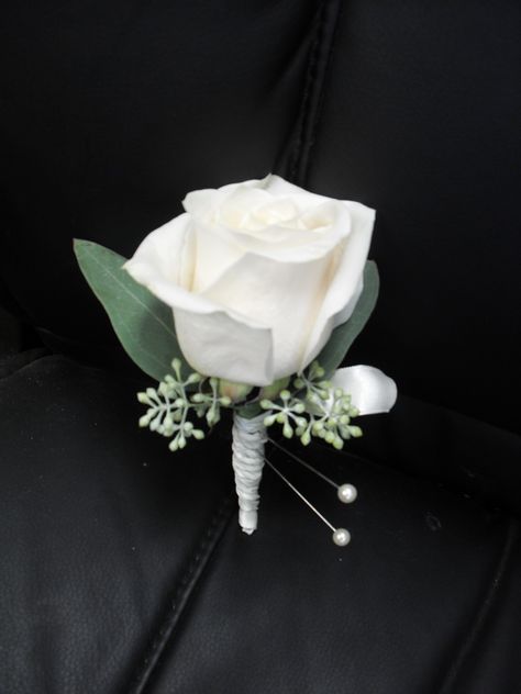 Boutineer Wedding, White Rose Boutonniere, Prom Corsage And Boutonniere, White Boutonniere, Groomsmen Boutonniere, Rose Boutonniere, Flowers And Greenery, Corsage And Boutonniere, Corsage Prom