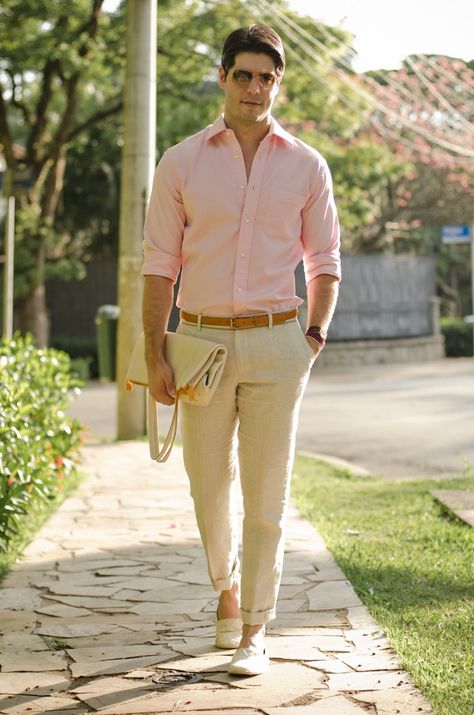 Peach Outfit Ideas Men, Semi Casual Men Outfits Wedding, Pink Dress Shirt Men Outfits, Peach Shirt Outfit Men, Peach Shirt Outfit, Men Formal Outfit Classy, Khaki Outfit Men, Fashion Outfits For Men, Mens Formal Outfits