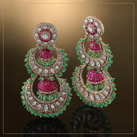 jhumki, diamond, Grand Jewellery, Ear Tops, Designers Jewelry Collection, Sri Krishna, Antique Bridal Jewelry, Beaded Necklace Designs, Emerald Bead, Polki Jewellery, Earring Crafts