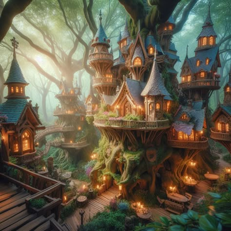 Elvish City, Tree Village Fantasy Art, Wood Elf City, Fantasy Tree House Concept Art, Fantasy Treehouse Concept Art, Fantasy Treehouse Village, Elf City, Elven City, Forest Village