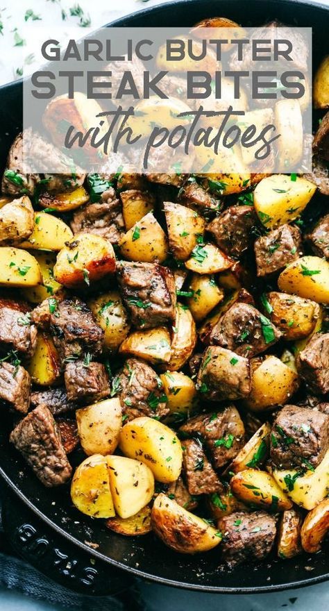 Garlic Butter Herb Steak Bites with Potatoes are such a simple meal that is full of tender garlic herb melt in your mouth steak with potatoes.  This is a meal that the entire family will love! Garlic Butter Herb Steak Bites, Melt In Your Mouth Steak, Steak Bites With Potatoes, Steak With Potatoes, Butter Herb, Garlic Butter Steak Bites, Butter Steak Bites, Dinner Noodles, Steak And Potatoes