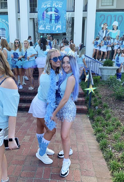 Ice sorority bid day theme #icebidday #zetataualpha #bidday Ice Sorority Theme, Ice Party Theme Outfit, Ice Bid Day Theme, Ice Themed Outfit, Sorority Bid Day Themes, Ice Theme, Sorority Rush Themes, Rush Themes, Homecoming Spirit Week