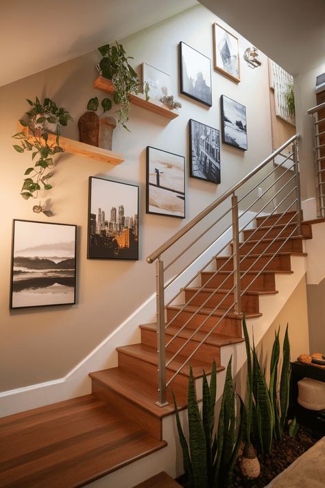 Elevate your indoor stairs with charming ideas that blend style and functionality. Think colorful risers cozy lighting unique banisters creative storage and beautiful decor. These tips will make your stairs a stunning focal point while adding practicality to your home. Let your stairs shine with personality and purpose! Small Stairway Landing Decorating Ideas, Picture Ledges Staircase, Narrow Stairway Decorating Ideas, Photos Up The Stairs, Open Stairway Ideas, Stairway With Landing, Pictures Going Up Stairs, Decorate Stairs Walls, Photos Going Up Staircase