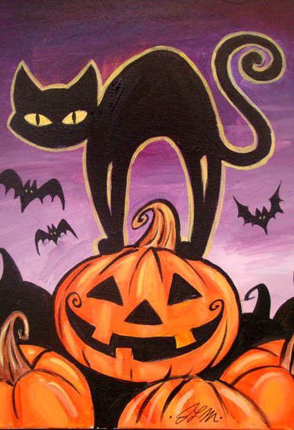 Bring the older kids to paint Halloween cat.  Fun family night! Halloween Canvas Paintings, Creative Pumpkin Painting, Painting With A Twist, Halloween Kunst, Halloween Window, Painting Party, Holiday Painting, Halloween Painting, Halloween Drawings