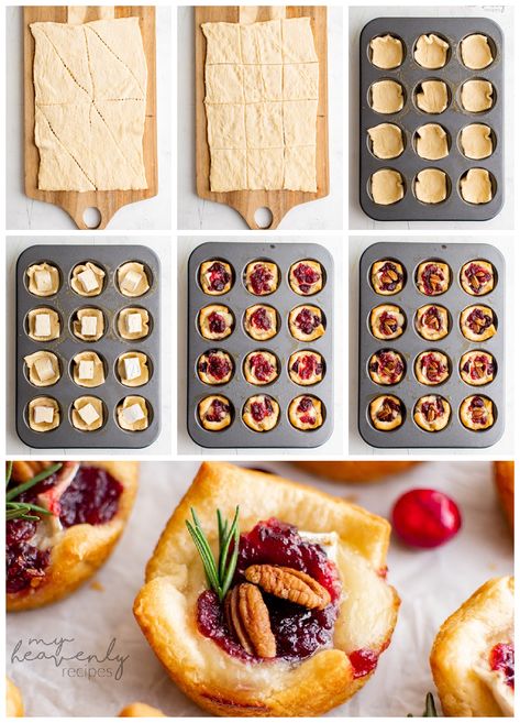 Cranberry Brie Bites Christmas Appetizers With Brie, Cranberry Brie Christmas Wreath, Crescent Cranberry Brie Bites, Brie Bites With Crescent Rolls, Christmas Dinner Essentials, Brie Cranberry Appetizer Crescent Roll, Brie And Crescent Rolls, Puff Pastry Recipes Brie, Cranberry Brie Bites Crescent Rolls