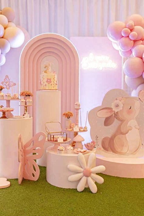 Don't miss this adorable bunny-themed baptism! What a wonderful dessert table! See more party ideas and share yours at CatchMyParty.com Bunny Decorations Party Ideas, Bunny Baby Shower Decorations, Bunny Themed Party, Bunny Birthday Party Decorations, Bunny Themed Birthday Party, Bunny Backdrop, Bunny Desserts, Baptism Themes, Baptism Party Ideas