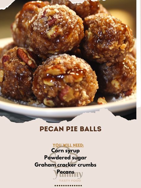 🥧🍬 Experience the sweetness of Pecan Pie Balls! These bite-sized treats capture the flavors of pecan pie in a delightful, easy-to-make form! Pecan Pie Balls Ingredients: Pecans (1 cup, finely chopped) Graham cracker crumbs (1 cup) Powdered sugar (1 cup) Corn syrup (1/2 cup) Vanilla extract (1 tsp) Chocolate chips (for coating, optional) Instructions: In a bowl, combine pecans, graham cracker crumbs, powdered sugar, corn syrup, and vanilla; mix until combined. Roll the mixture into small b... Pie Balls, Pecan Pie Balls, Cozy Fall Recipes, Chips And Dip, Melting Chocolate Chips, Easy Treats, Balls Recipe, Graham Cracker Crumbs, Graham Cracker