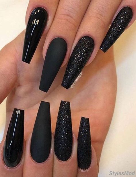 Dark Colored Nail Designs, Black Sugar Nails, New Years Nails Coffin, Long Black Nails, Nails Women, Nails With Glitter, Long Nail Art, Black Coffin Nails, Matte Black Nails