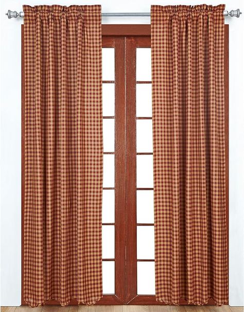 Amazon.com: VHC Brands Burgundy Check Scalloped Short Panel Set of 2 63x36 Country Curtains, Burgundy and Tan : VHC Brands: Home & Kitchen Sleep Drawing, Primitive Curtains, Country Style Curtains, Check Curtains, Kitchen Window Curtains, Americana Home, Vhc Brands, French Country Kitchens, Tuscan Kitchen