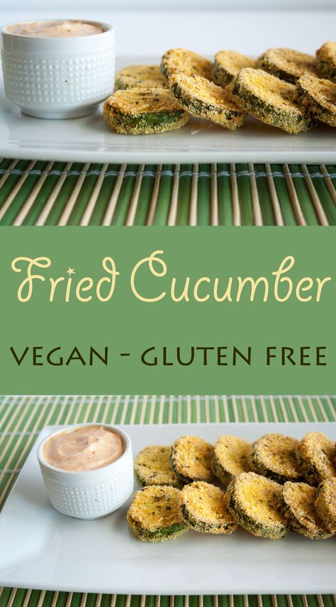 Fried Cucumber (vegan, gluten free) - Two words I never thought I would use together, but oh so glad I did! You will be pleasantly surprised at how good this is! Fried Cucumbers Easy, Baked Cucumber Recipes, Vegan Cucumber Recipes, Cucumber Fries, Gluten Free Fried Pickles, Fried Cucumbers, Vegan Cucumber, Summer Sides, Gluten Free Appetizers