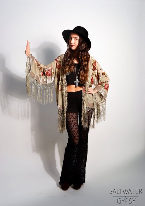 Moss Velvet Gypsy Fringe Beaded Kimono Jacket from Etsy: http://www.etsy.com/listing/86446268/moss-floral-velvet-burnout-gypsy-fringe?ref=sr_gallery_8_search_submit=_search_query=Gypsy_view_type=gallery_ship_to=US_search_type=handmade_facet=handmade Fringe Kimono, Hippie Life, Kimono Jacket, Velvet, Trending Outfits, My Style, Floral