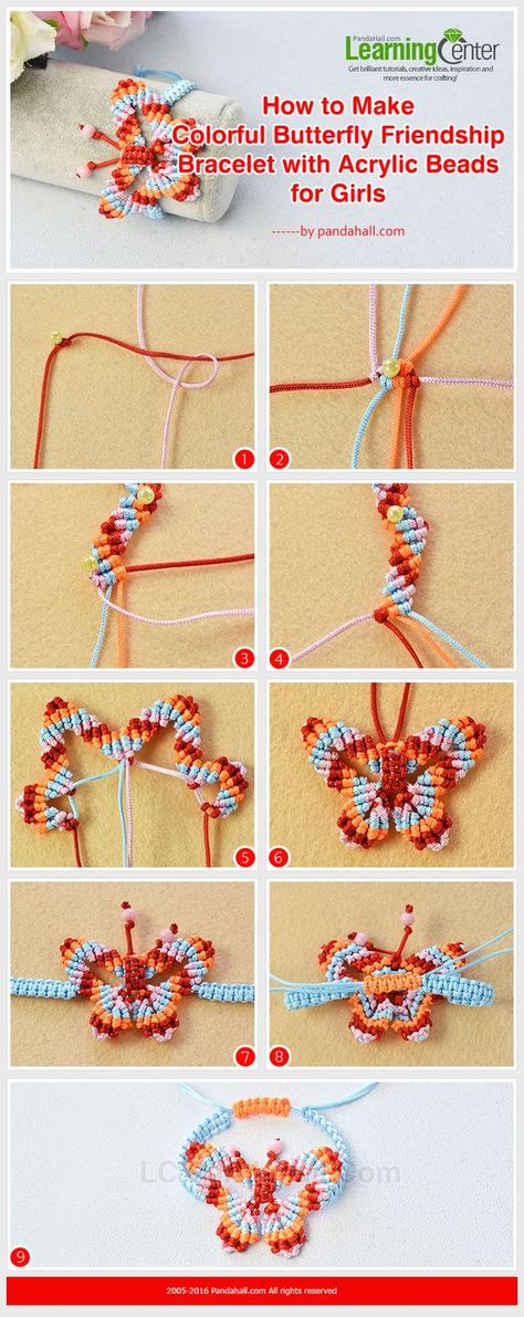 Tutorial on How to Make Colorful Butterfly Friendship Bracelet with Acrylic Beads for Girls from LC.Pandahall.com Butterfly Friendship Bracelet Pattern, Butterfly Friendship Bracelet, String Crafts, Diy Friendship Bracelets Patterns, Friendship Bracelets Diy, Colorful Butterfly, Micro Macramé, Butterfly Bracelet, Crochet Bracelet