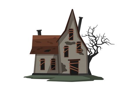 Scary Abandoned House, Halloween Haunted Cottage with Boarded Up Windows and Creepy Tree Vector Illustration Isolated on White Background. | Scary Abandoned House, Halloween | TopVectors Haunted Cottage, Boarded Up Windows, Background Scary, Creepy Tree, Tree Vector Illustration, Tree Vector, Abandoned House, Abandoned Houses, Halloween Haunt