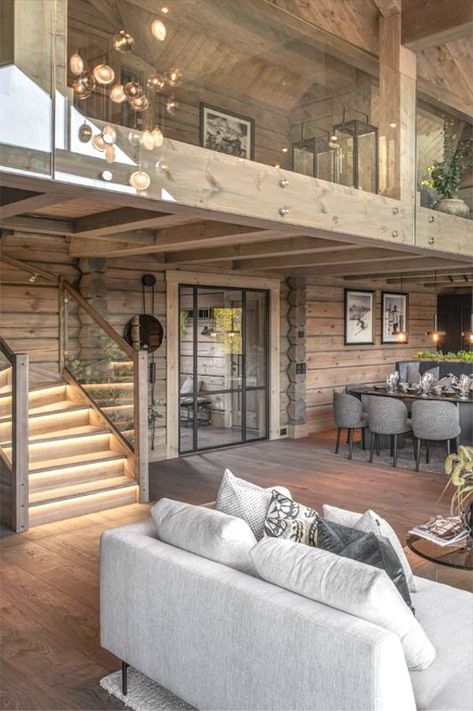 Modern Cabin Furniture, Chalet Interior Design Ideas, Log House Interior Modern, Interior Design Rustic Modern, Modern Chalet Interior Design, Little Cabin Interior, Modern Log Home Interiors, Log House Interior, Modern Chalet Interior