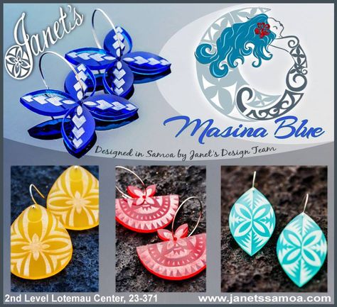 MASINA BLUE - Janet's Presents "Masina Blue". A New Brand of Samoan Inspired Jewelry designed by our team. "Masina" is the Moon and represents the beauty and mystique of the Samoan Woman.  Available now in store at Janet's 2nd level Lotemau and Soon from Janet's Airport Branch. Many More Unique designs in Store.  Janet's ●► http://www.facebook.com/wheresamoashops www.janetssa Samoan Earrings, Samoan Jewelry, Polynesian Jewelry, Samoan Women, Samoan Culture, Customized Accessories, Moon Activities, Beadwork Ideas, Island Jewelry