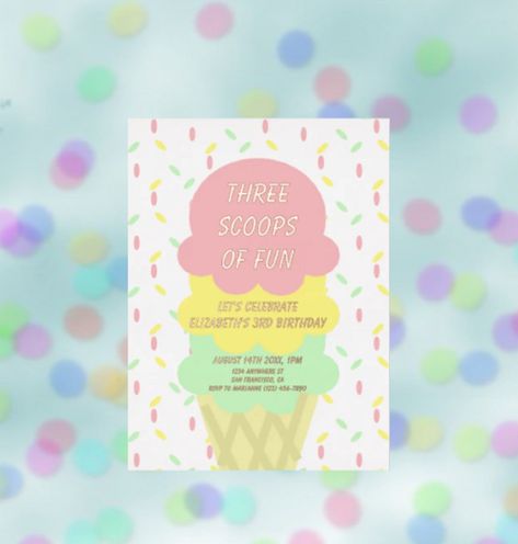 Three Scoops Of Fun Birthday, Three Scoops Of Fun, Fun Ice Cream, Scoop Ice Cream, Ice Cream Ice, Rose Gold Invitations, Ice Cream Theme, Fun Invitations, Invitation Suites