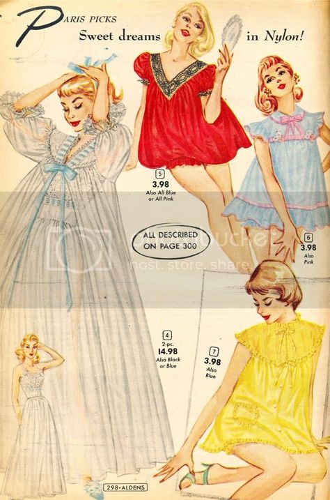 what-i-found: Aldens Catalog 1956-57 - Slips, Panties and Jayne Mansfield's Pajamas! Vintage Sleepwear, Patron Vintage, Vintage Pajamas, Retro Lingerie, Look Retro, Lingerie Vintage, Vintage Dress Patterns, Vintage Nightgown, 50s Fashion