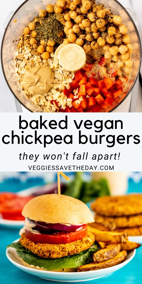 Looking for a delicious plant-based burger? These homemade Baked Vegan Chickpea Burgers are not only easy to make, they have the perfect texture and won't fall apart. Try these perfectly seasoned patties on hamburger buns or rolls with all your favorite toppings. Vegan Chickpea Burger, Chickpea Burgers, Chickpea Patties, Veggie Patties, Chickpea Burger, Veggie Burgers Recipe, Vegan Chickpea, Vegan Burger, Vegan Burgers