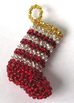 Christmas Sock by Katherina Kostinsky Christmas Socks Pattern, Xmas Beads, Beaded Christmas Decorations, Bead Stitch, Beads Craft Jewelry, Holiday Beading, Christmas Sock, Beaded Christmas Ornaments, Christmas Bead