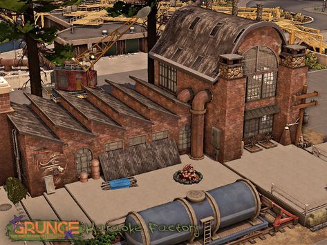 The Sims Resource - Grunge - Karaoke Factory l noCC Sims 4 Factory, Sims 4 Warehouse, Warehouse Windows, Abandoned Warehouse, Sims Builds, Abandoned Factory, Save File, Sims 1, Sims 4 Build