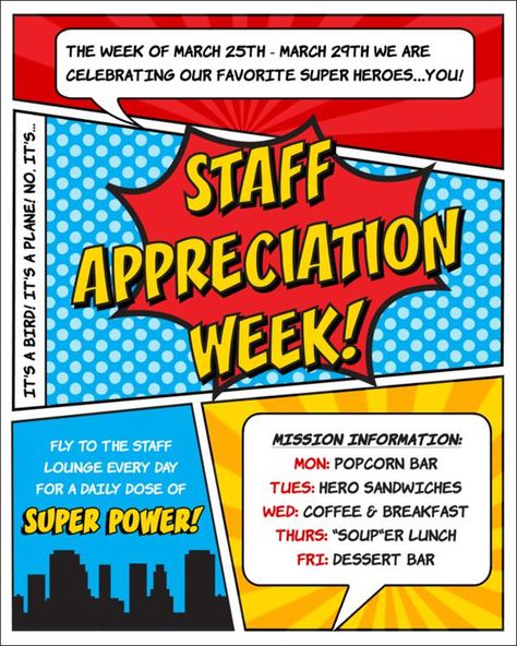 Staff TEACHER Appreciation Week Superhero Party! - 25+ teacher appreciation week ideas - NoBiggie.net Superhero Teacher Appreciation, Staff Ideas, Customer Service Week, Office Pranks, Wellbeing Activities, Superhero Teacher, Staff Appreciation Week, Superhero Invitations, Morale Boosters