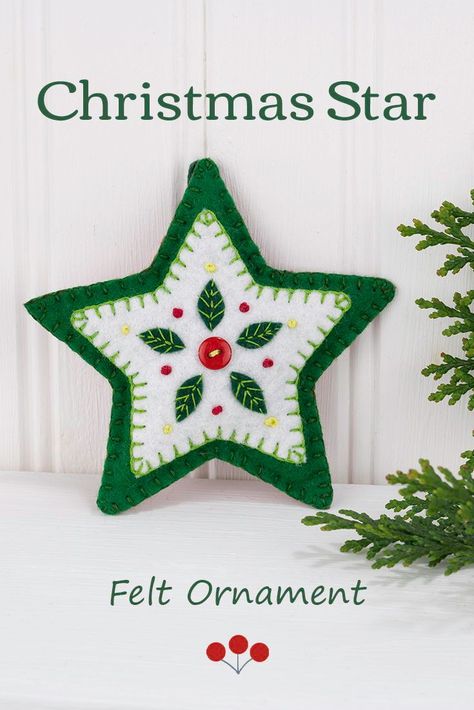 This hand stitched felt star has embroidered leaves and berries in green white and red, and is finished with a red button.The star has a loop for hanging and is 4 inches / 10cm high. #feltchristmasornaments #christmasstar #starornament Felt Star, Diy Felt Christmas Ornaments, Handmade Felt Ornament, Colourful Christmas, Felt Crafts Christmas, Christmas Embroidery Patterns, Felt Crafts Diy, Felt Ideas, Scandi Christmas