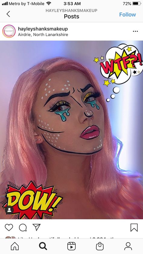 Comic Book Character Makeup, Comic Costumes Pop Art, Comic Art Makeup, Comic Book Makeup For Women, Pop Art Costume Makeup, Comic Makeup Pop Art Halloween Costumes, Pop Art Makeup Halloween, Comic Makeup Pop Art, Cartoon Makeup Looks