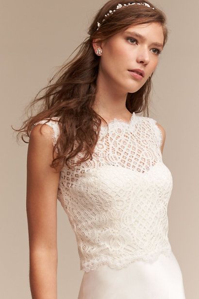 You can layer something like this over the tulle dress if you don't want strapless. Ivory Spencer Topper | BHLDN Low Cut Wedding Dress, Bridal Separates Tops, Cut Wedding Dress, Wedding Dress Topper, Dress Topper, Shoji White, Anthropologie Wedding, Topper Wedding, Bridal Separates