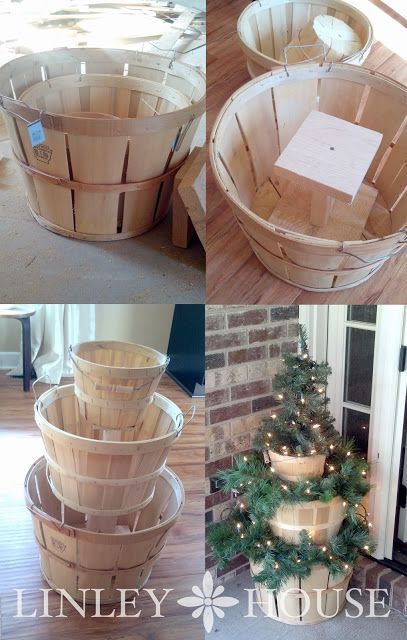 Apple Basket Christmas Decor -This tiered Christmas display was super easy to build. All that you will need are baskets (or some other kind of stackable containers), some miscellaneous pieces of scrap wood, wood screws, a drill and your favorite Christmas garland/decor items. Basket Christmas Decor, Christmas Garland Decor, Apple Basket, Basket Christmas, Apple Baskets, Christmas Porch Decor, Christmas Baskets, Christmas Porch, Gorgeous Christmas